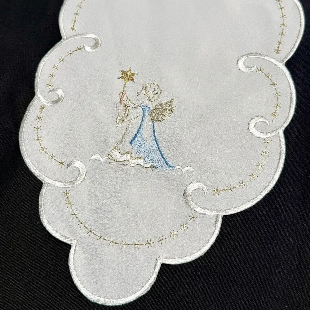 German Embroidered Christmas Table Runner Mat Angels 9x52 Metallic Gold Thread